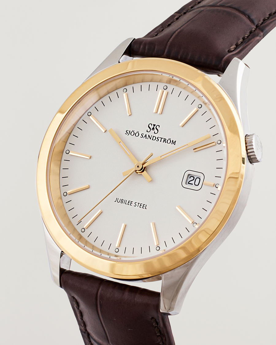 Mies | Sjöö Sandström Jubilee Steel Quartz 40mm Gold Bezel White/Brown Calf | Sjöö Sandström | Jubilee Steel Quartz 40mm Gold Bezel White/Brown Calf