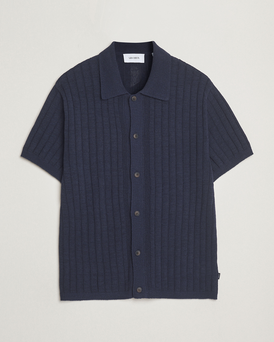 Mies | Kauluspaidat | LES DEUX | Floyd Knitted Linen Short Sleeve Shirt Dark Navy