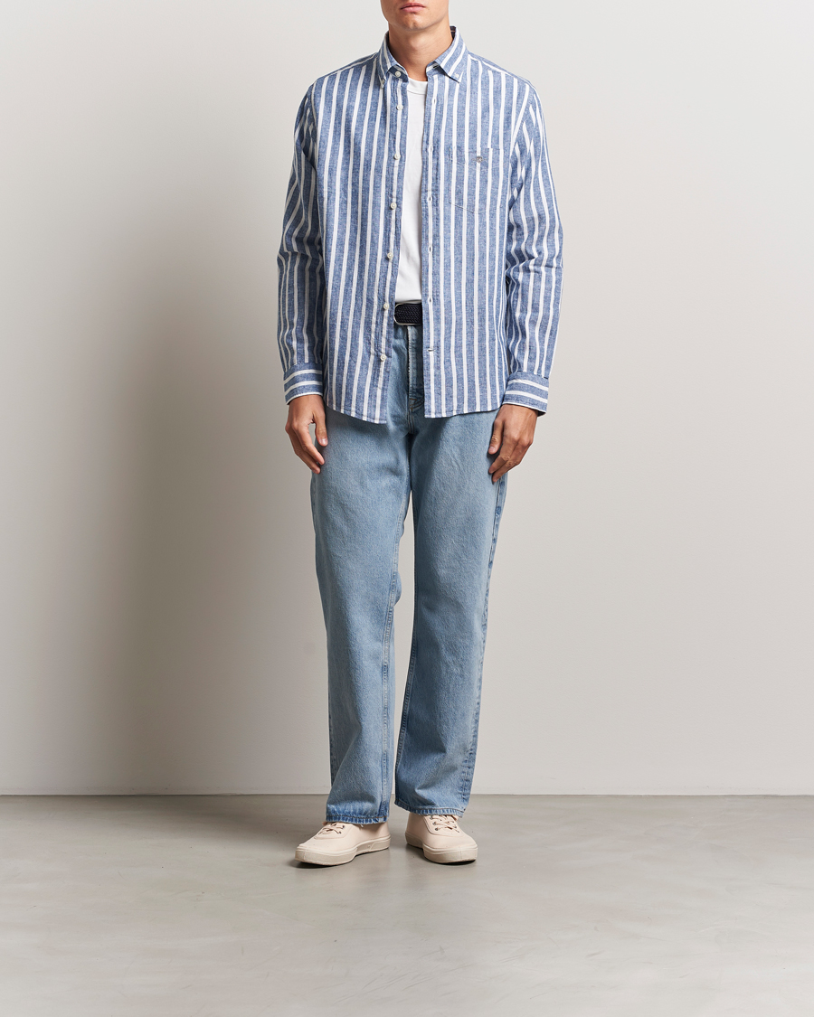Mies | Kauluspaidat | GANT | Regular Fit Cotton/Linen Striped Shirt Rich Blue