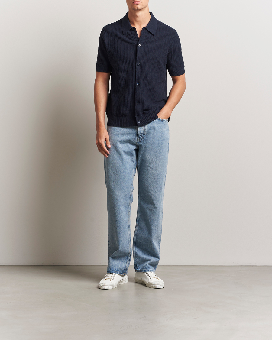 Mies | Kauluspaidat | NN07 | Nolan Knitted Short Sleeve Shirt Navy Blue