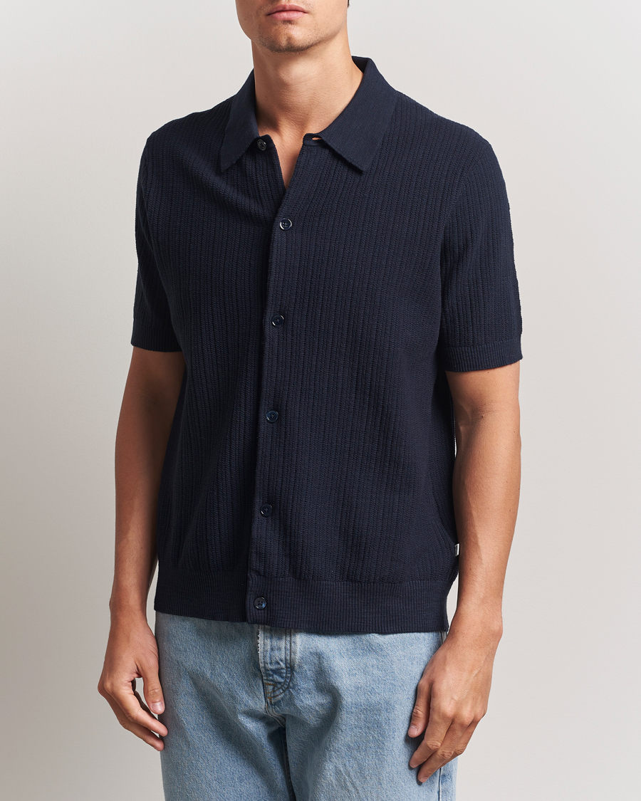 Mies | Kauluspaidat | NN07 | Nolan Knitted Short Sleeve Shirt Navy Blue
