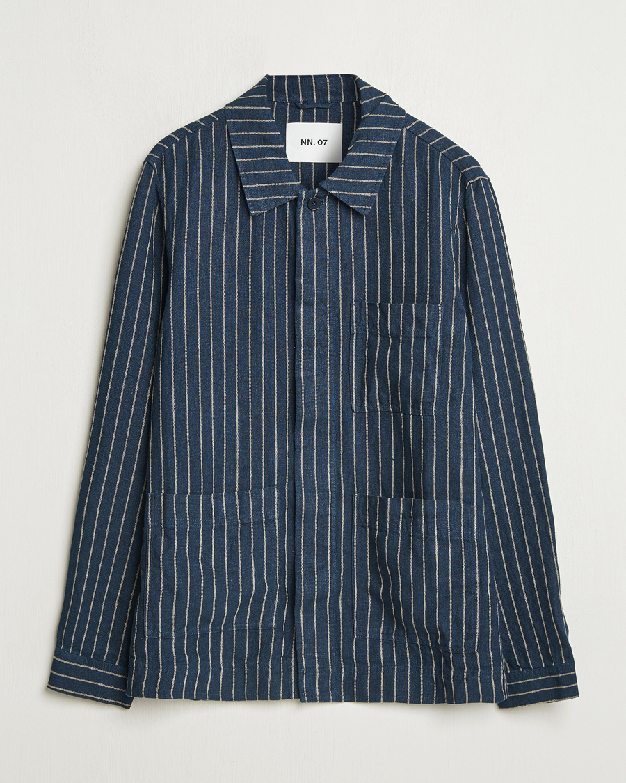 Mies | Kauluspaidat | NN07 | Olav Linen Pinstriped Overshirt Navy Blue