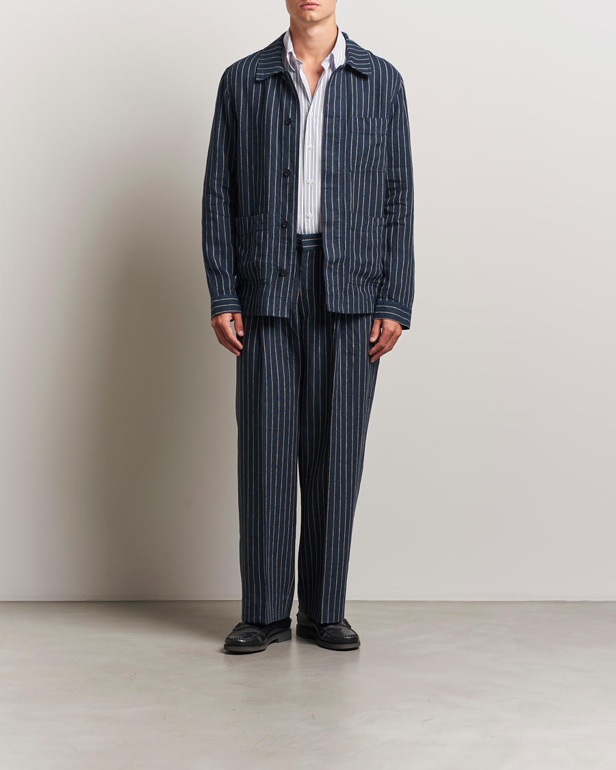 Mies | Kauluspaidat | NN07 | Olav Linen Pinstriped Overshirt Navy Blue