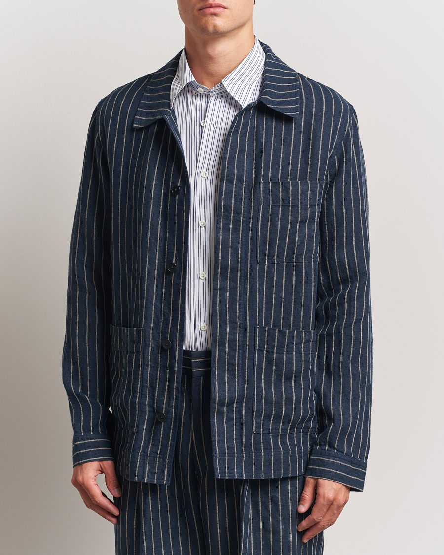 Mies | Kauluspaidat | NN07 | Olav Linen Pinstriped Overshirt Navy Blue