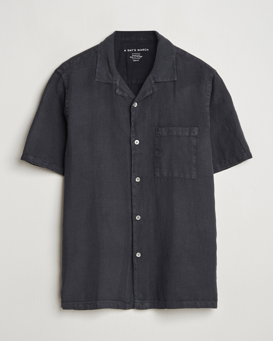 Mies | Kauluspaidat | A Day's March | Yamu Linen Short Sleeve Shirt Off Black