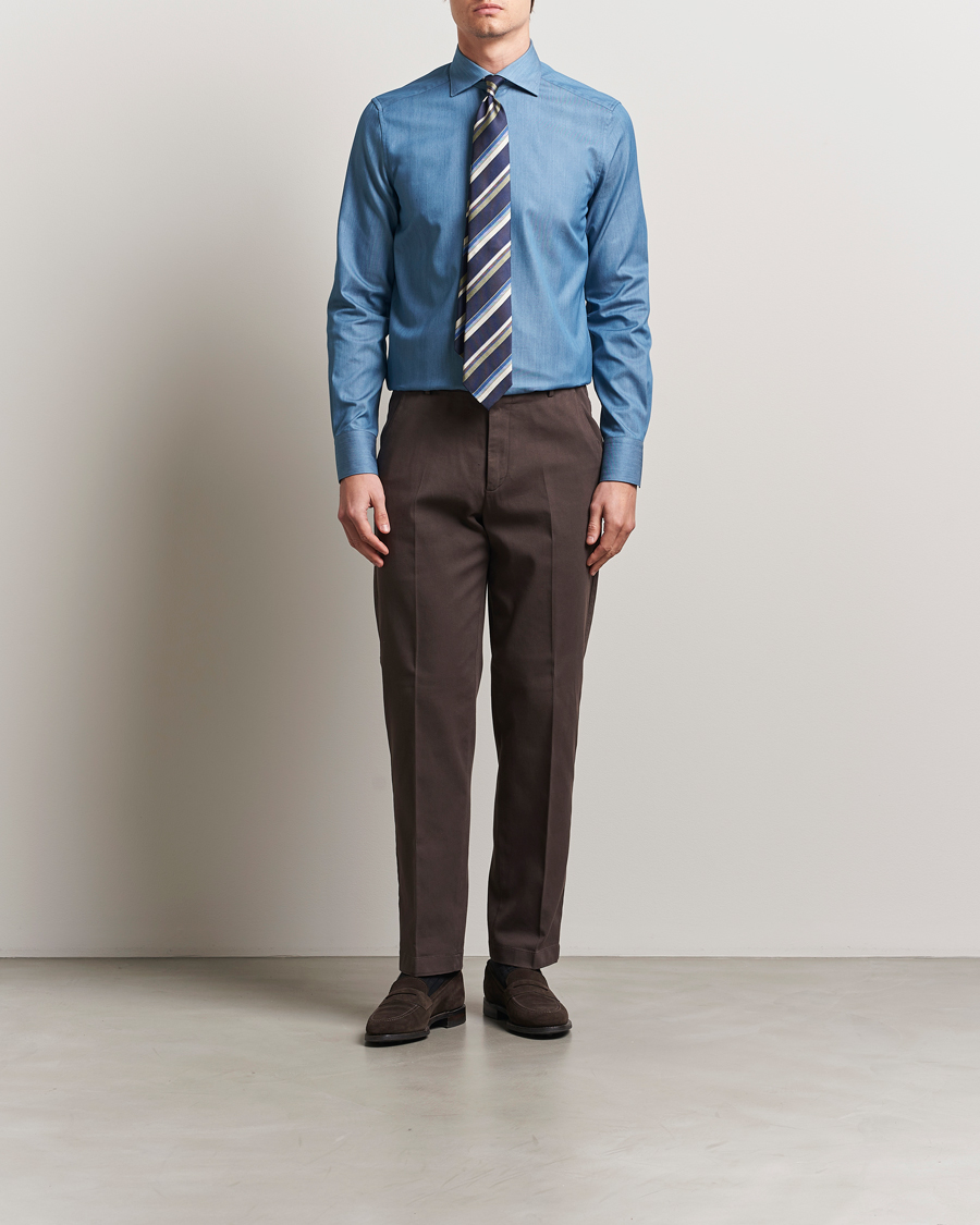 Mies | Kauluspaidat | Stenströms | 1899 Slim Twofold Cotton Denim Shirt Mid Blue