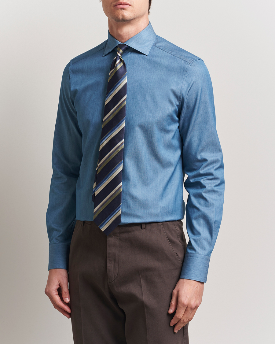 Mies | Kauluspaidat | Stenströms | 1899 Slim Twofold Cotton Denim Shirt Mid Blue