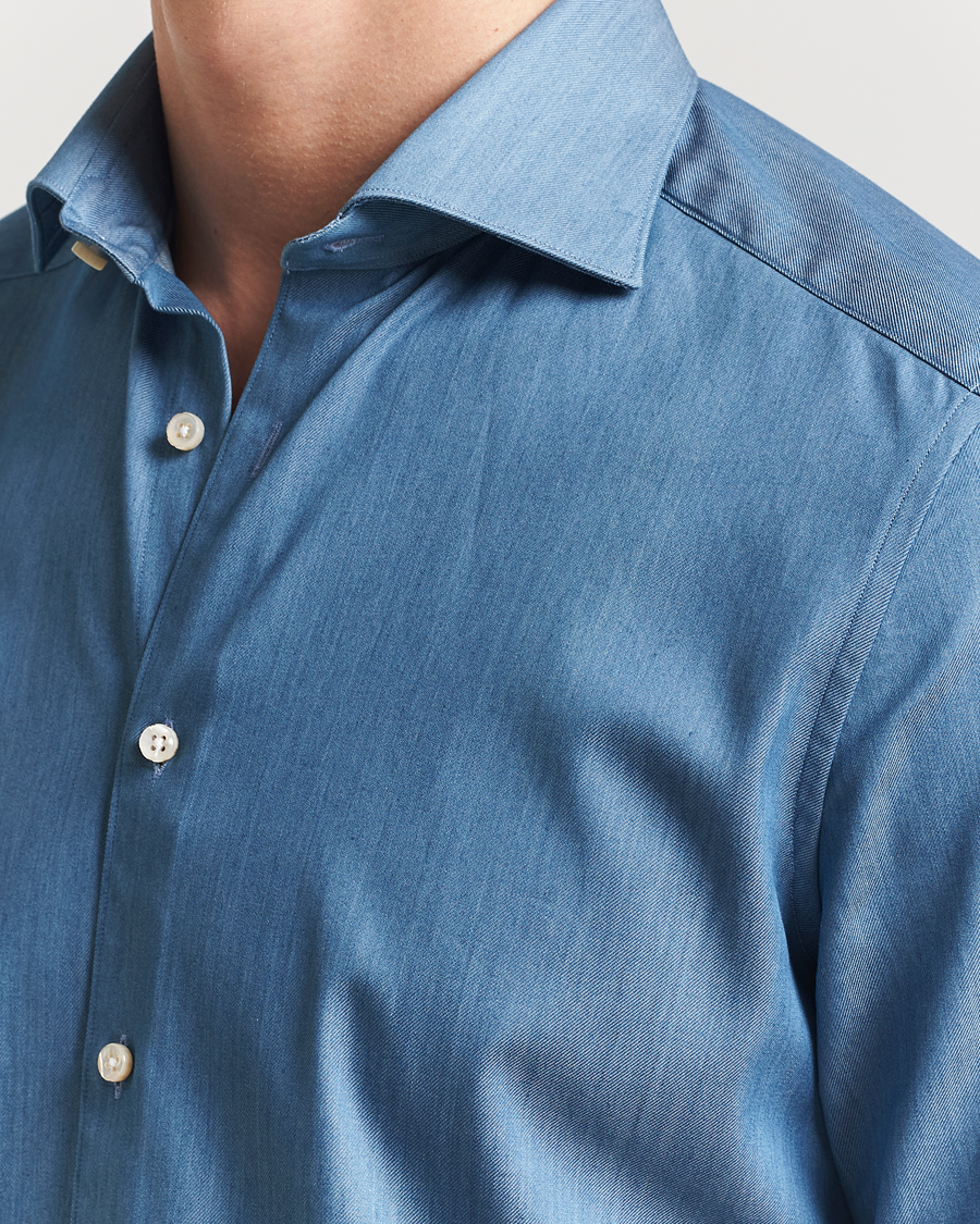 Mies | Kauluspaidat | Stenströms | 1899 Slim Twofold Cotton Denim Shirt Mid Blue