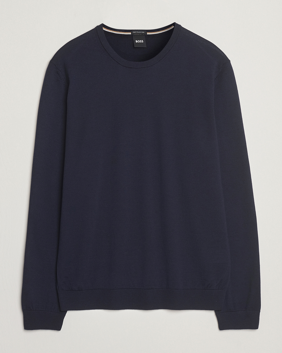 Mies | Puserot | BOSS BLACK | Leno Wool Crew Neck Pullover Dark Blue