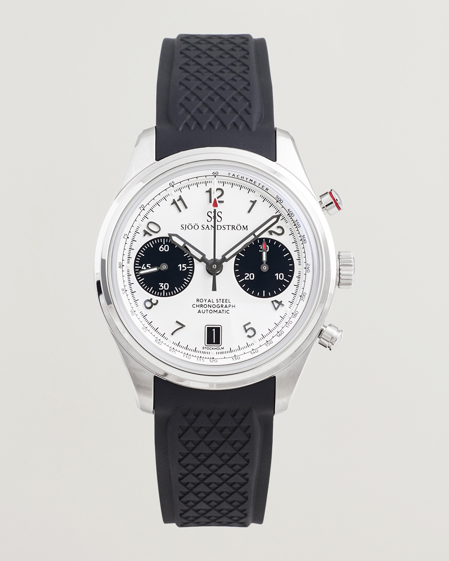Mies | Sjöö Sandström Royal Steel Chronograph 40mm Black Rubber White Dial | Sjöö Sandström | Royal Steel Chronograph 40mm Black Rubber White Dial