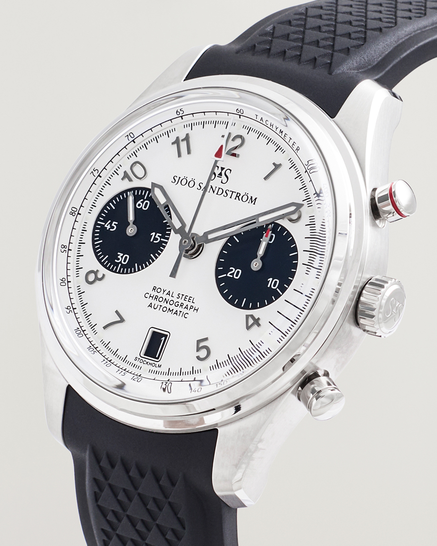 Mies | Sjöö Sandström Royal Steel Chronograph 40mm Black Rubber White Dial | Sjöö Sandström | Royal Steel Chronograph 40mm Black Rubber White Dial