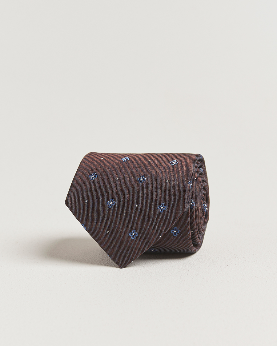 Mies | Amanda Christensen Cotton/Silk Printed Flower 8cm Tie Brown | Amanda Christensen | Cotton/Silk Printed Flower 8cm Tie Brown