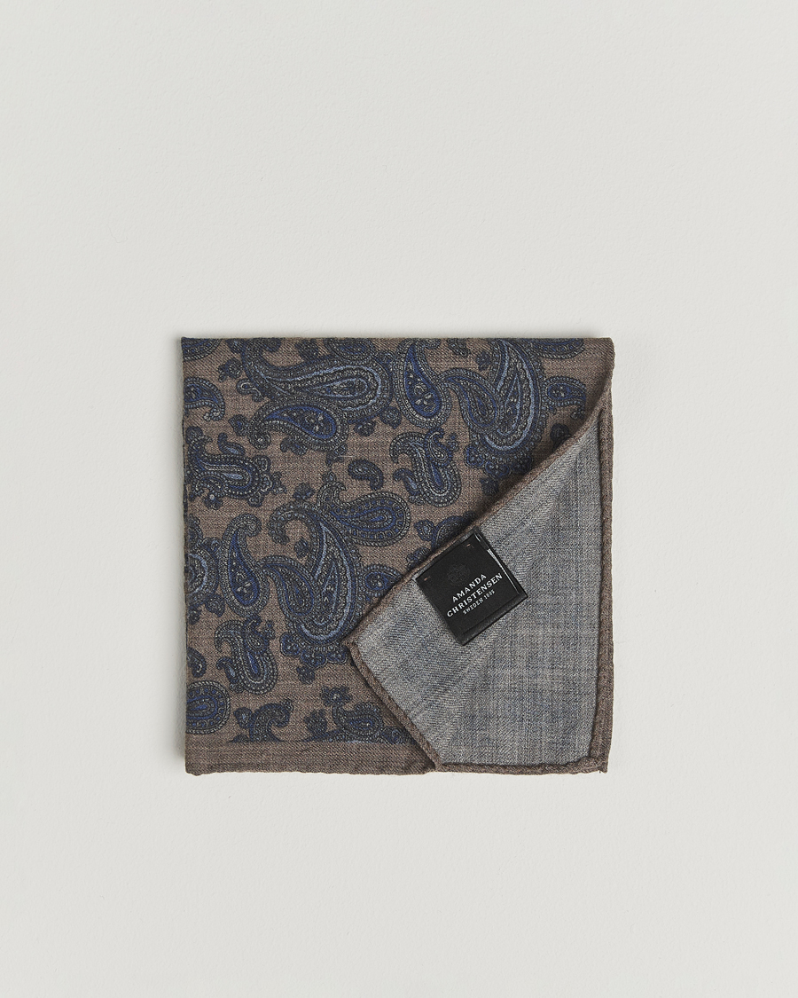 Mies | Taskuliinat | Amanda Christensen | Wool Flannel Large Paisley Pocket Square Dark Beige