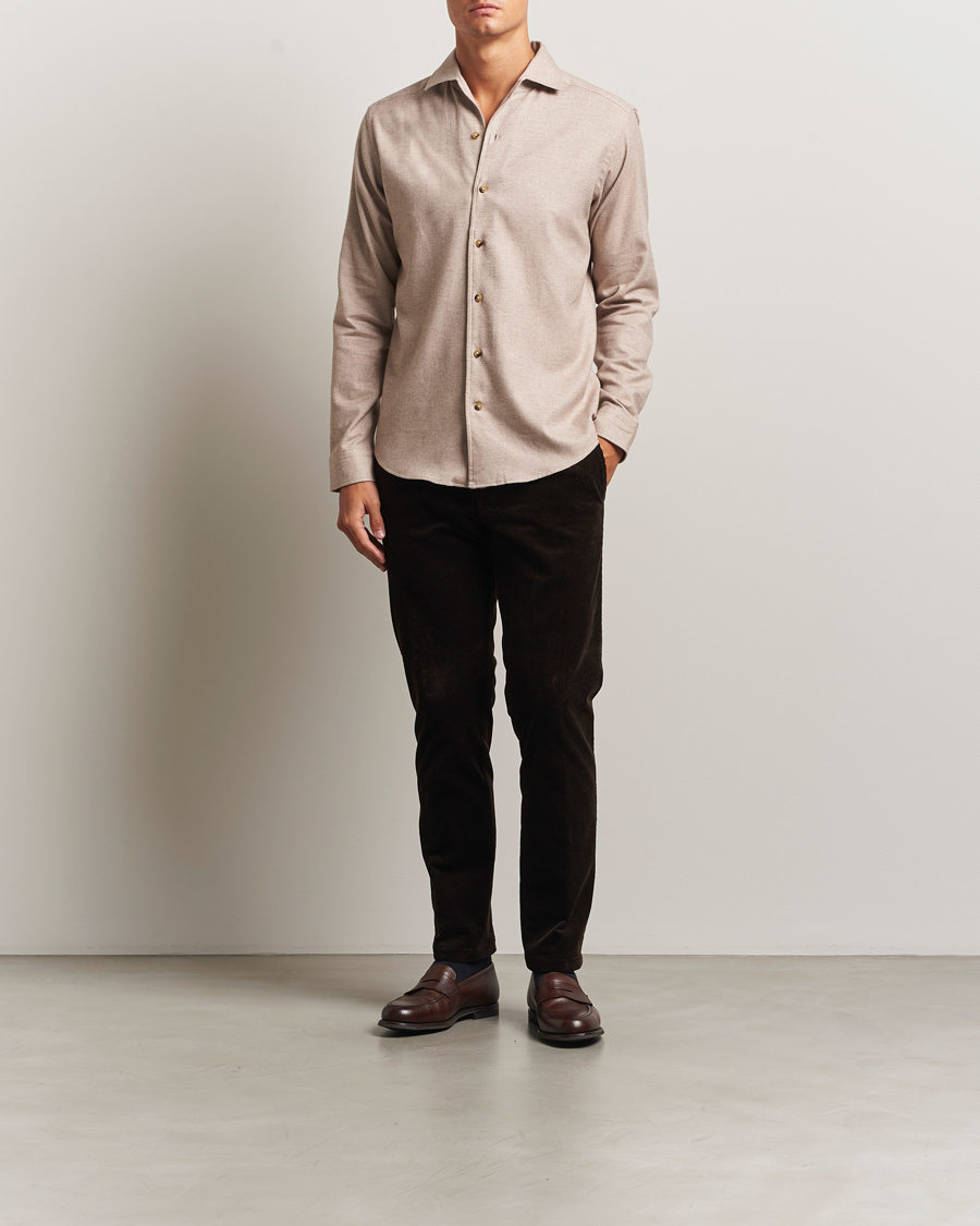 Mies | Kauluspaidat | Eton | Casual Fit One Piece Collar Flannel Shirt Beige