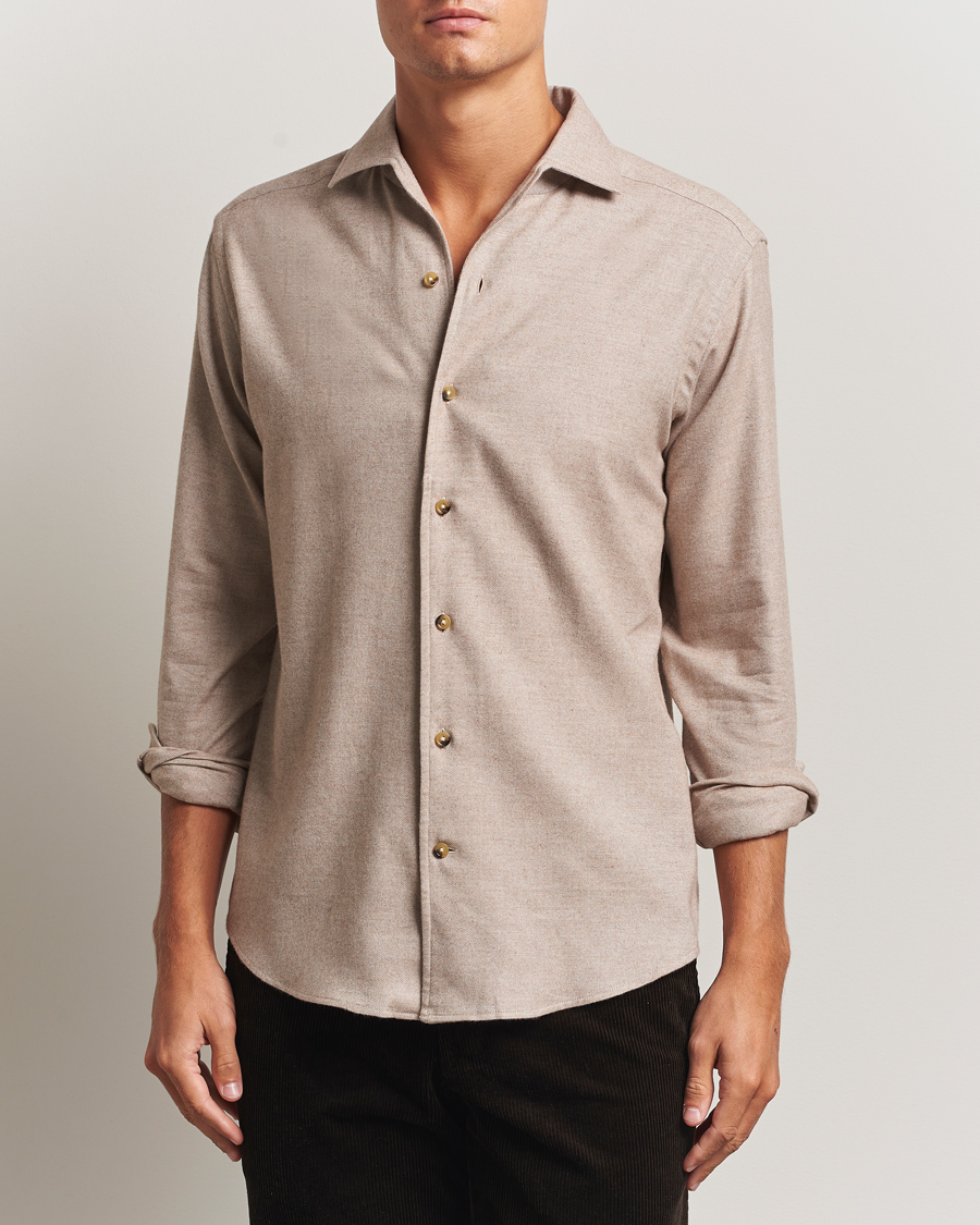 Mies | Kauluspaidat | Eton | Casual Fit One Piece Collar Flannel Shirt Beige