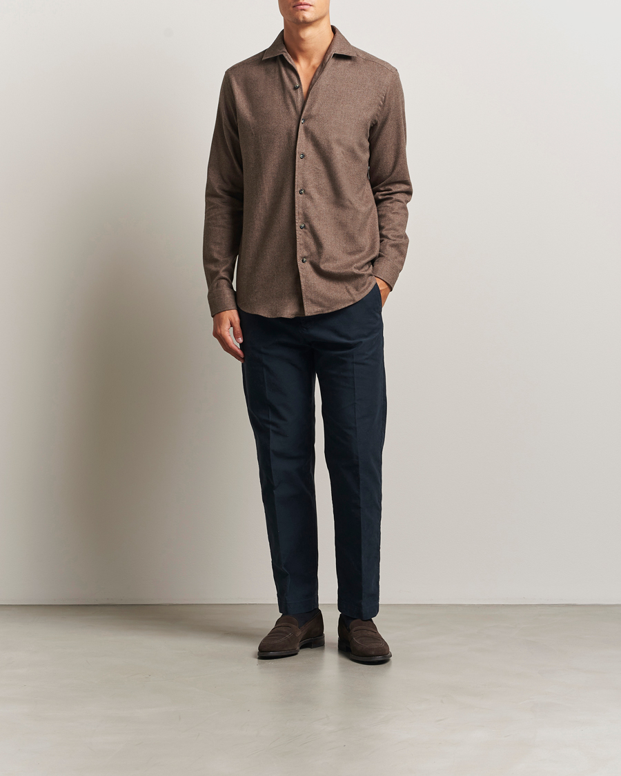 Mies | Kauluspaidat | Eton | Casual Fit One Piece Collar Flannel Shirt Brown