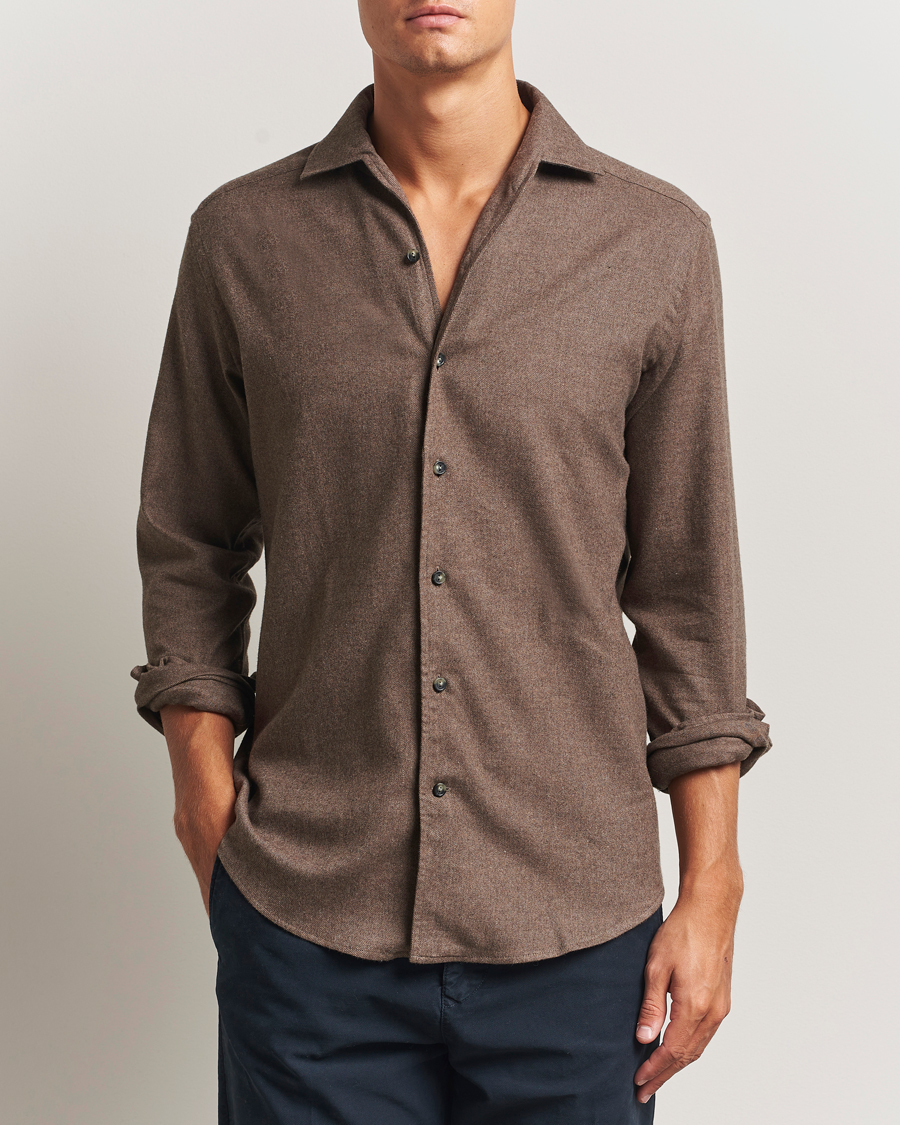 Mies | Kauluspaidat | Eton | Casual Fit One Piece Collar Flannel Shirt Brown