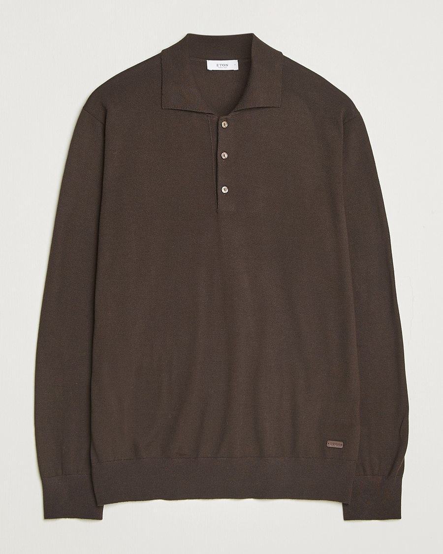 Mies | Puserot | Eton | Merino Knitted Polo Dark Brown