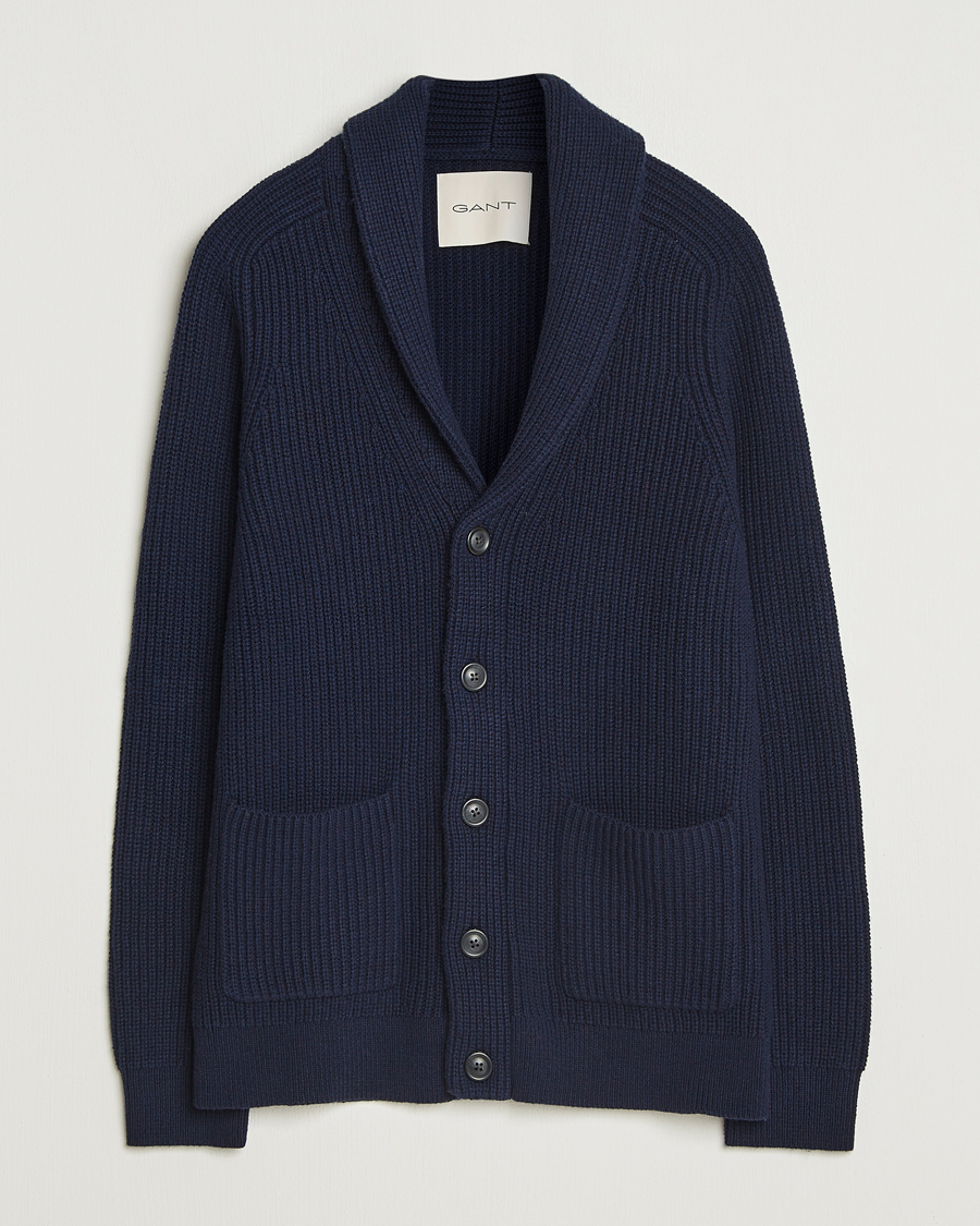 Mies | Puserot | GANT | Wool Knitted Shawl Collar Cardigan Evening Blue