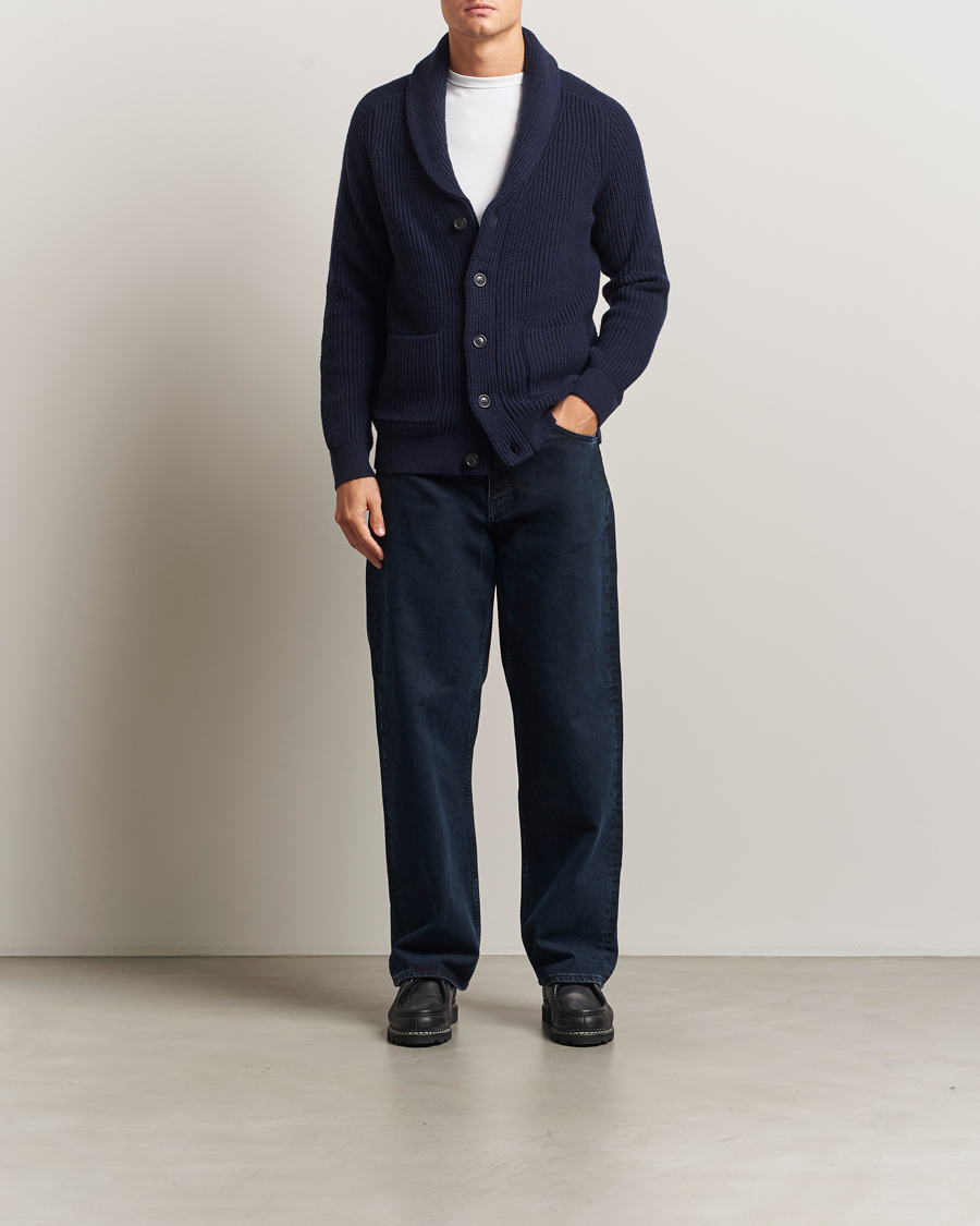 Mies | Puserot | GANT | Wool Knitted Shawl Collar Cardigan Evening Blue