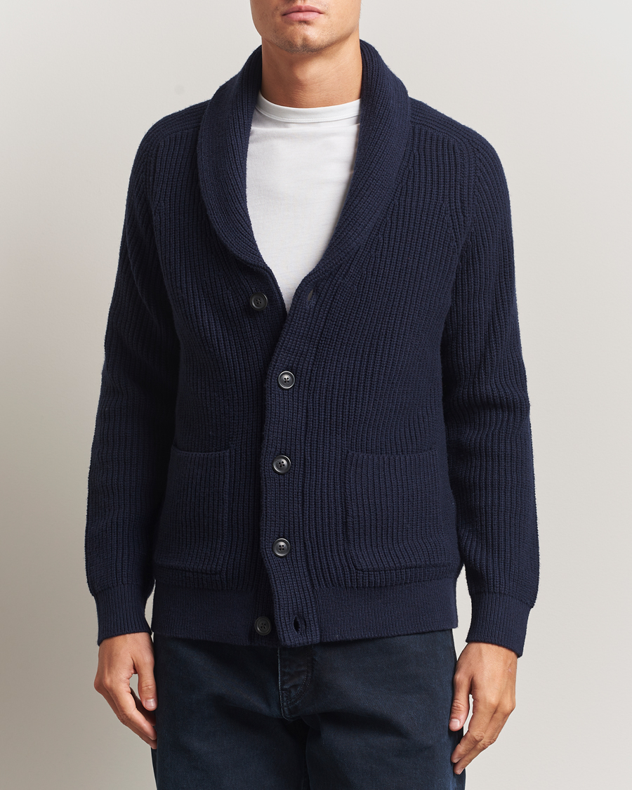Mies | Puserot | GANT | Wool Knitted Shawl Collar Cardigan Evening Blue