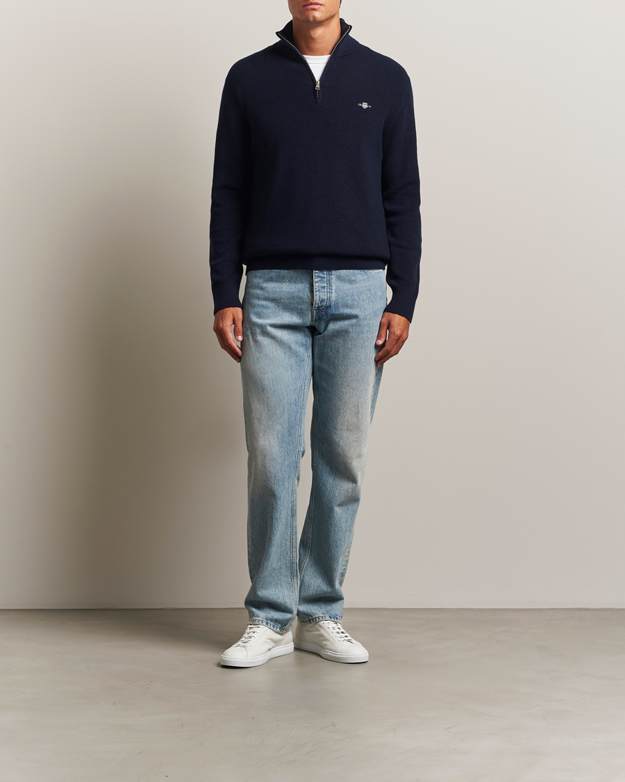 Mies | Puserot | GANT | Cotton/Merino Ribbed Half Zip Evening Blue