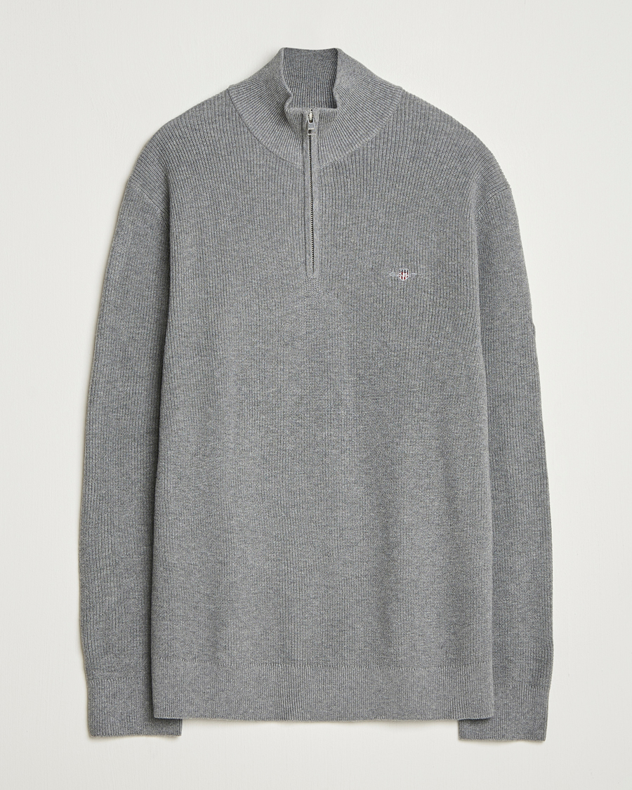 Mies | Puserot | GANT | Cotton/Merino Ribbed Half Zip Dark Grey Melange