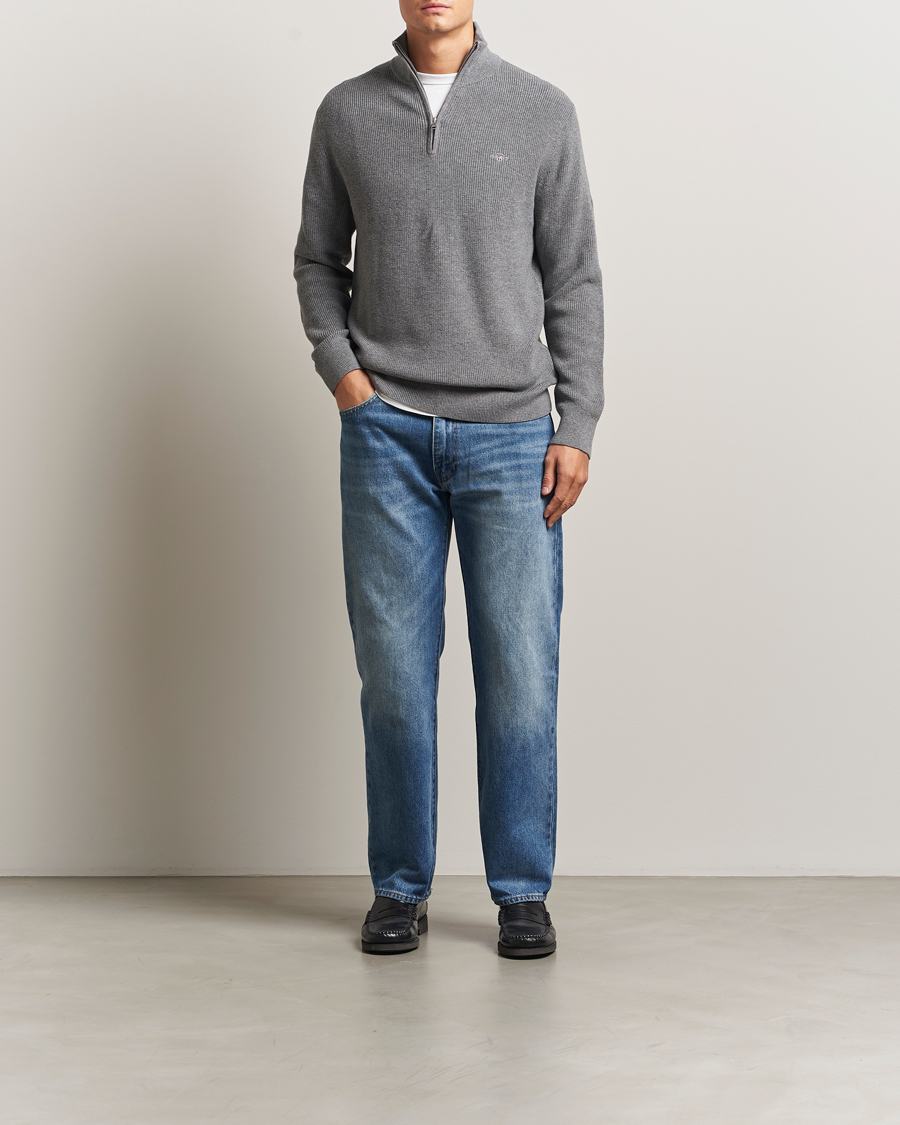 Mies | Puserot | GANT | Cotton/Merino Ribbed Half Zip Dark Grey Melange