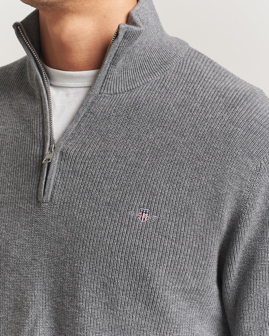 Mies | Puserot | GANT | Cotton/Merino Ribbed Half Zip Dark Grey Melange