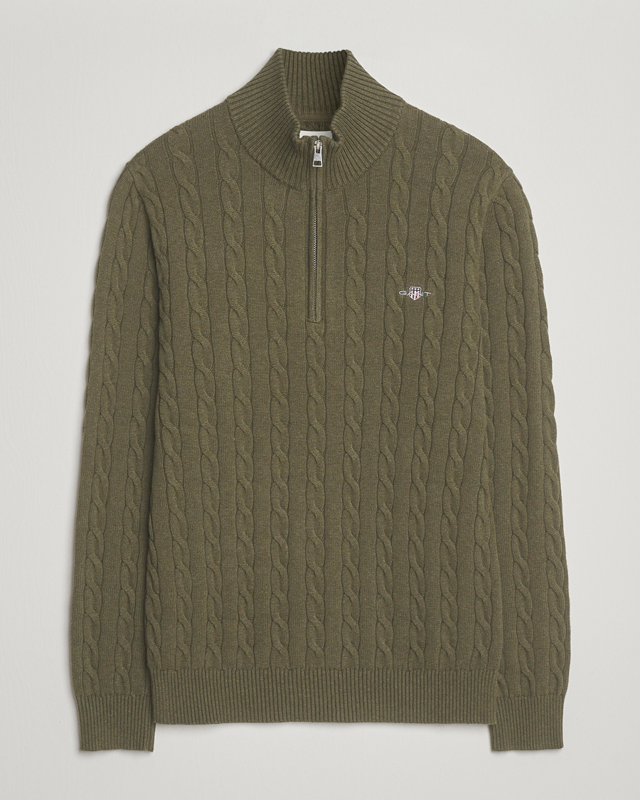 Mies | Puserot | GANT | Cotton Cable Half Zip Khaki Green Melange