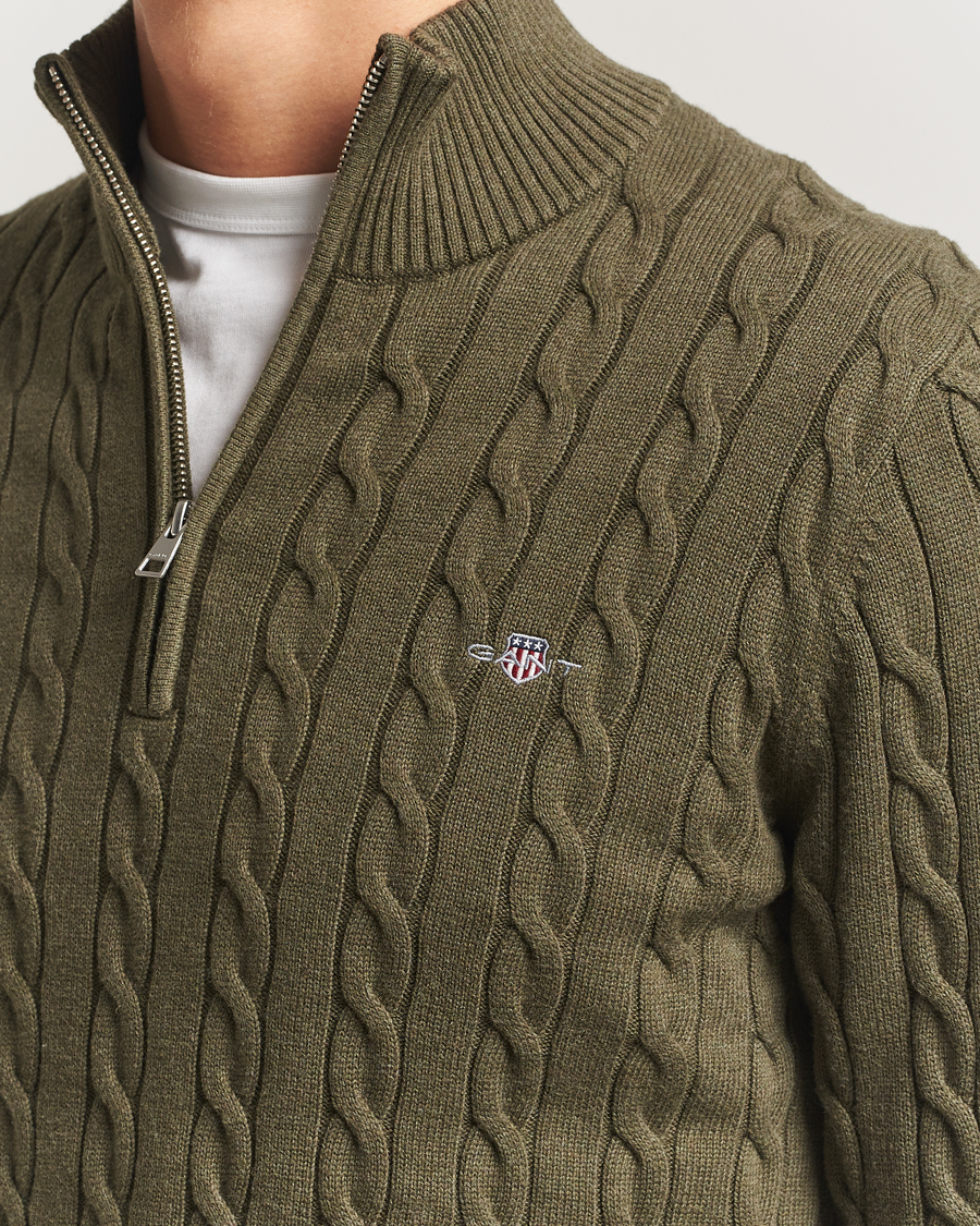 Mies | Puserot | GANT | Cotton Cable Half Zip Khaki Green Melange