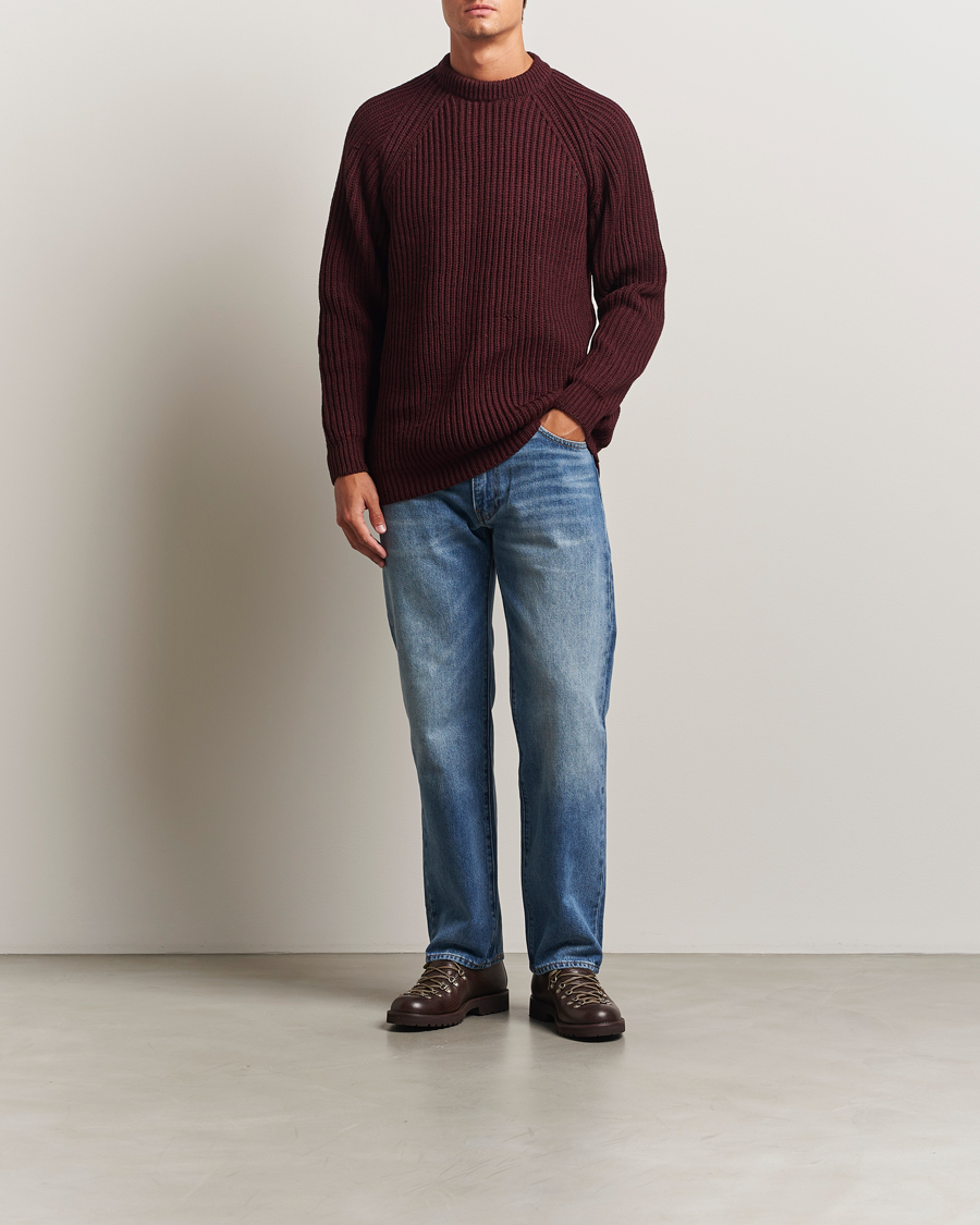 Mies | Puserot | Gloverall | Fisherman Rib Chunky Wool Crew Neck Burgundy