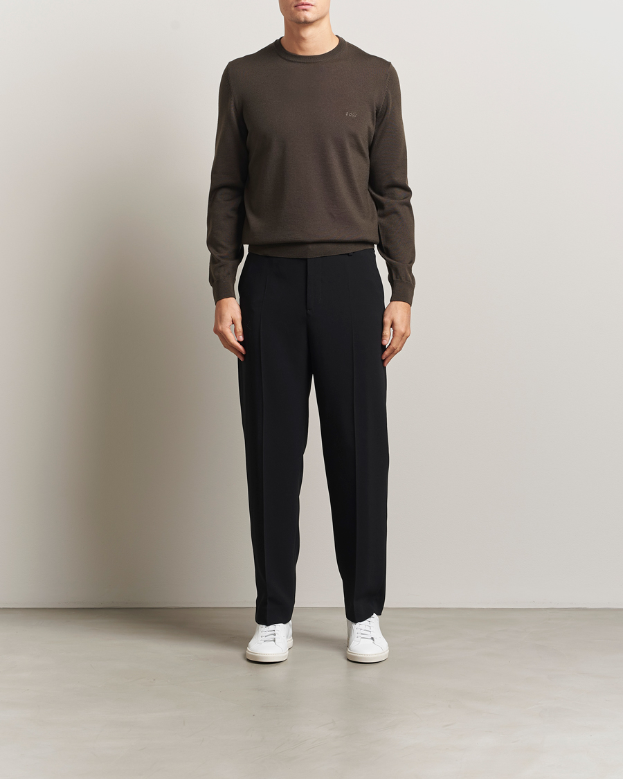 Mies | Puserot | BOSS BLACK | Botto Merino Knitted Pullover Open Green