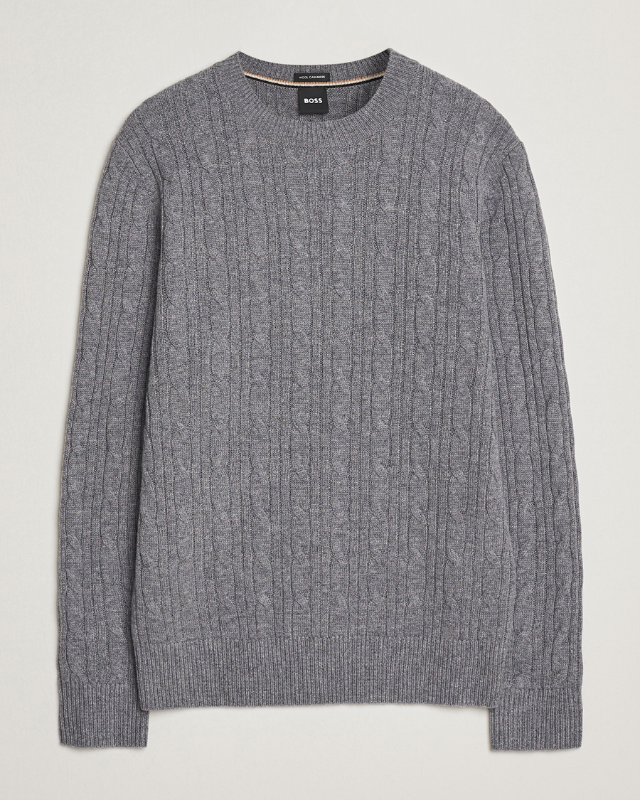 Mies | Puserot | BOSS BLACK | Hetico Wool/Cashmere Cable Sweater Medium Grey