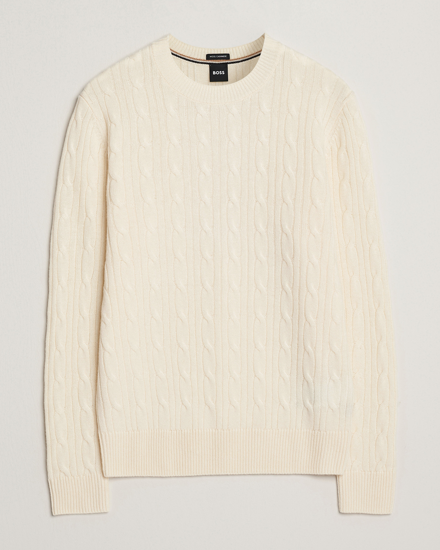 Mies | Puserot | BOSS BLACK | Hetico Wool/Cashmere Cable Sweater Open White