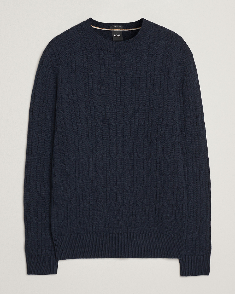 Mies | Puserot | BOSS BLACK | Hetico Wool/Cashmere Cable Sweater Dark Blue