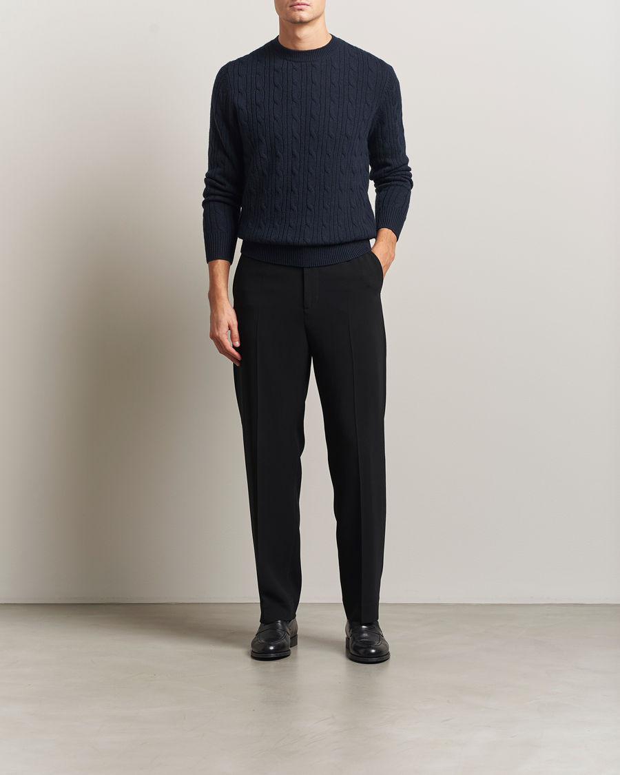 Mies | Puserot | BOSS BLACK | Hetico Wool/Cashmere Cable Sweater Dark Blue
