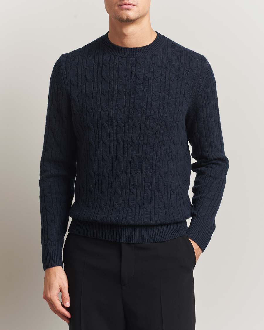 Mies | Puserot | BOSS BLACK | Hetico Wool/Cashmere Cable Sweater Dark Blue