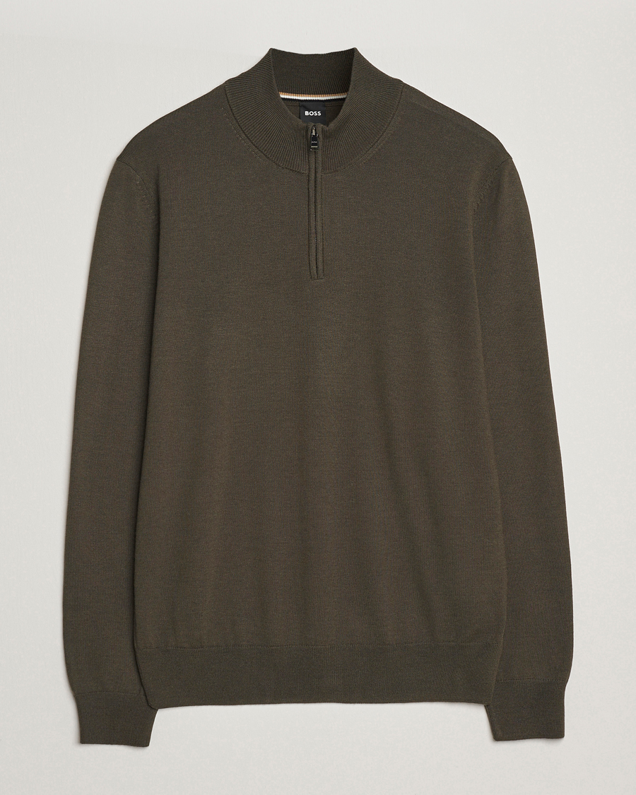Mies | Puserot | BOSS BLACK | Ebenji Merino Knitted Half Zip Open Green