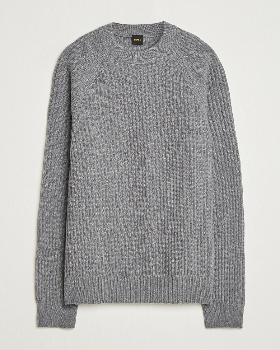 Mies | Puserot | BOSS ORANGE | Klacier Ribbed Wool Knitted Sweater Open Grey