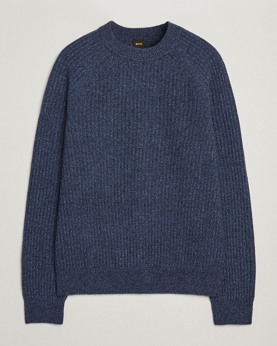 Mies | Puserot | BOSS ORANGE | Klacier Ribbed Wool Knitted Sweater Open Blue