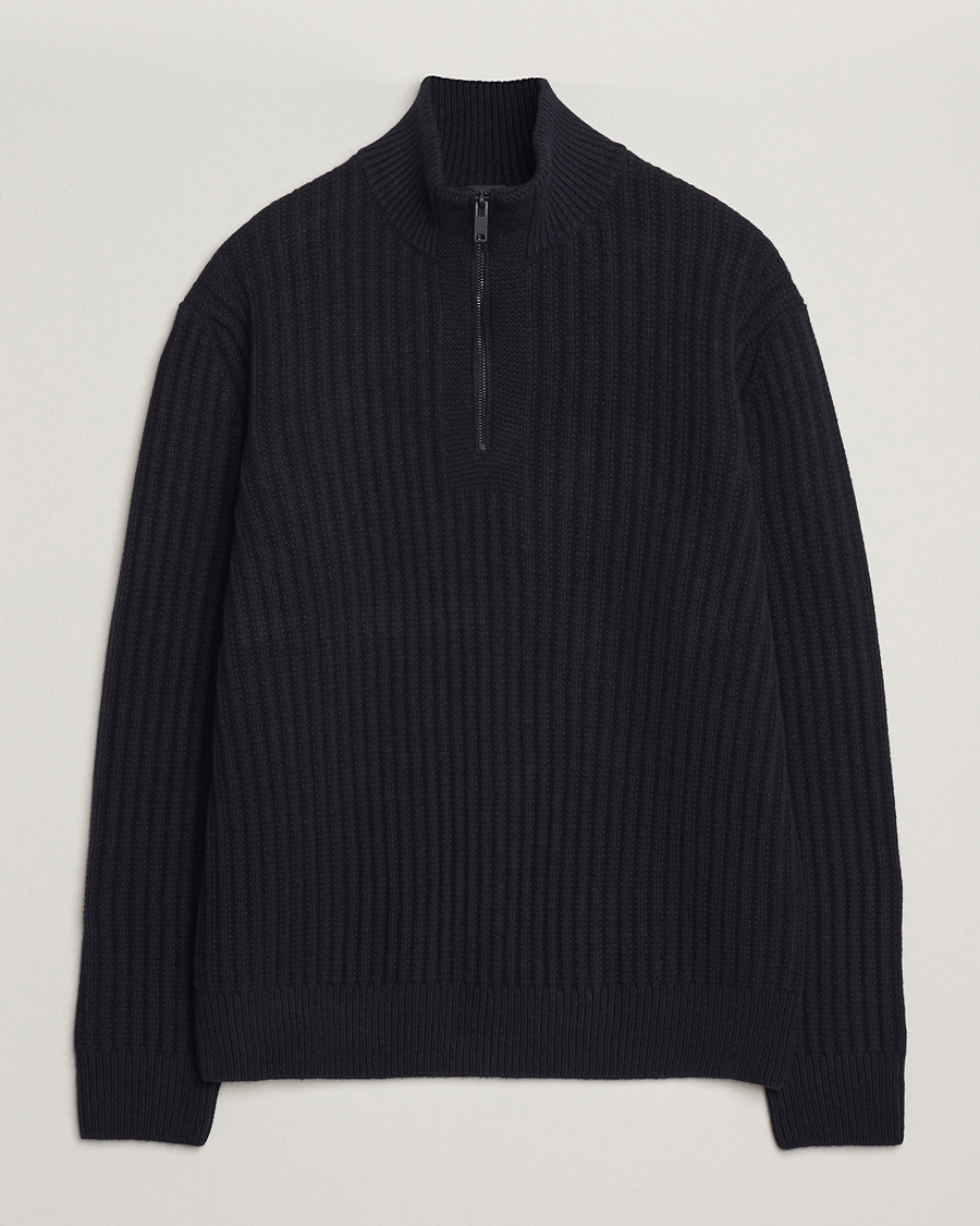 Mies | Puserot | BOSS ORANGE | Kwinter Ribbed Wool Knitted Half Zip Dark Blue