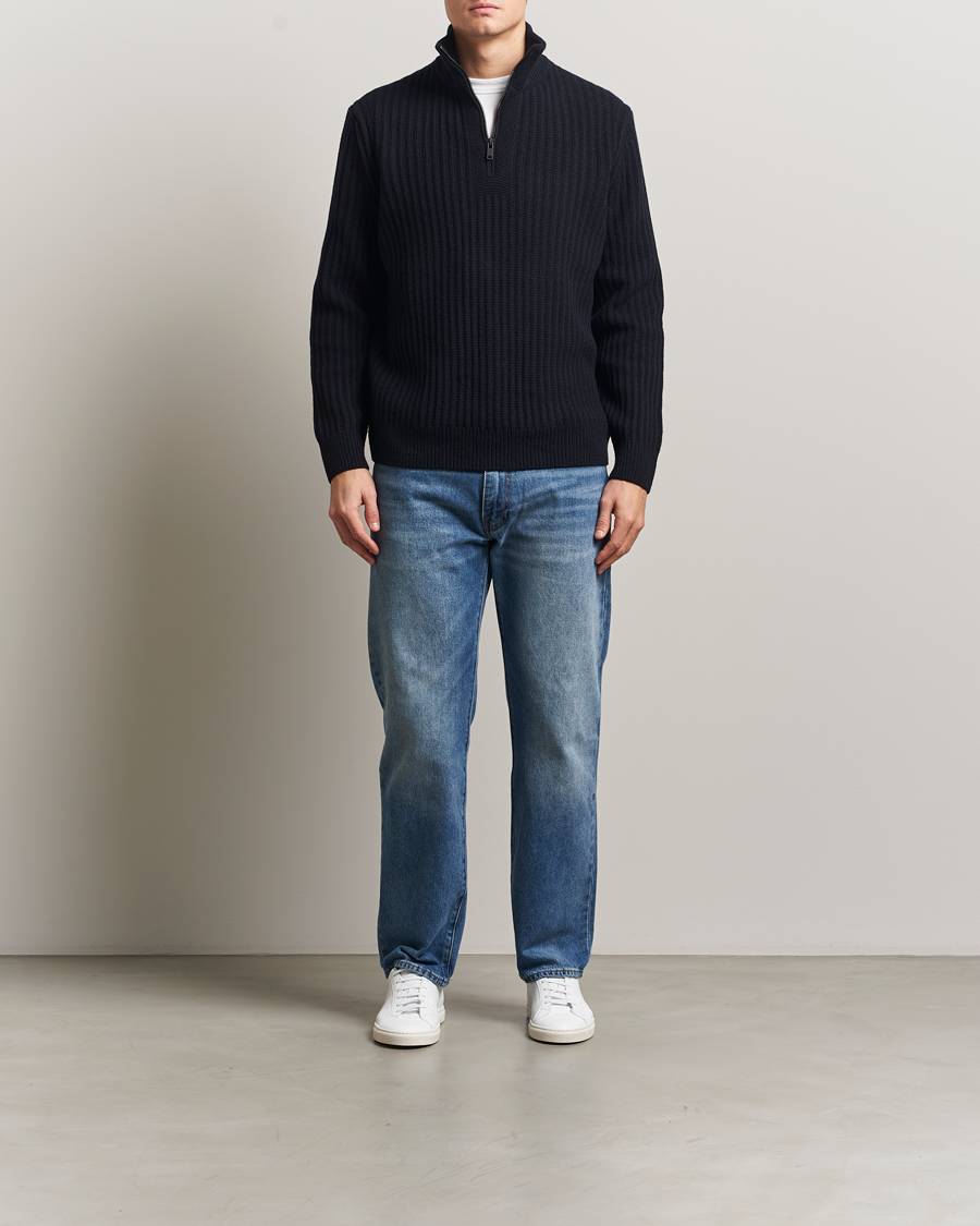 Mies | Puserot | BOSS ORANGE | Kwinter Ribbed Wool Knitted Half Zip Dark Blue