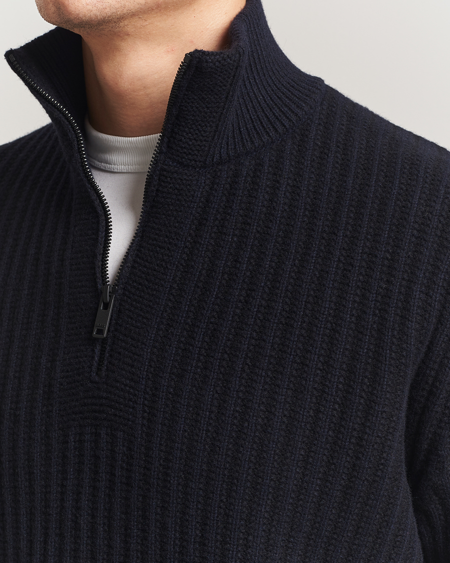 Mies | Puserot | BOSS ORANGE | Kwinter Ribbed Wool Knitted Half Zip Dark Blue