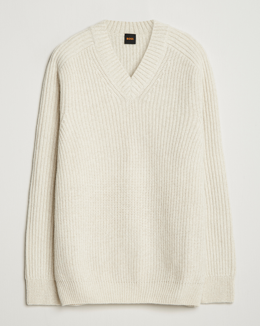 Mies | Puserot | BOSS ORANGE | Karinet Ribbed Wool Knitted V-Neck Light Beige