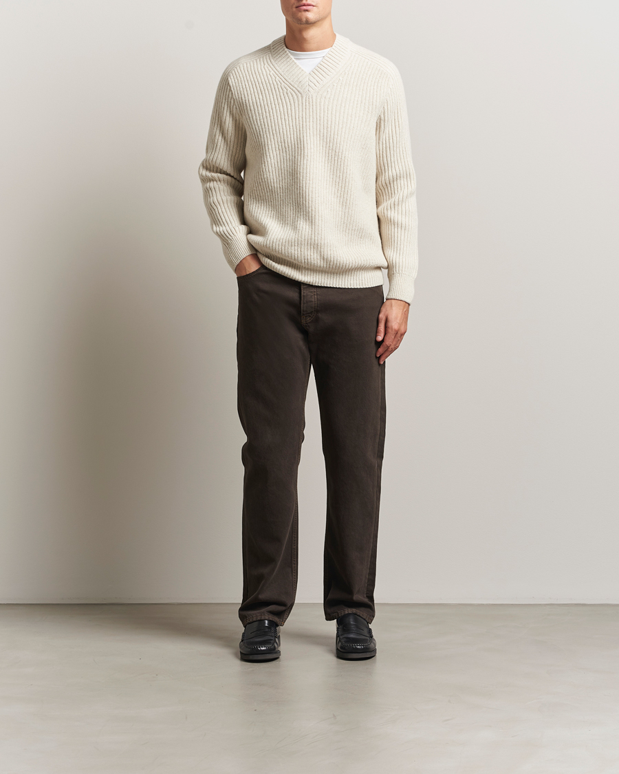 Mies | Puserot | BOSS ORANGE | Karinet Ribbed Wool Knitted V-Neck Light Beige