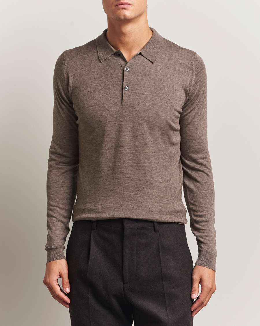 Mies | Puserot | John Smedley | Belper Extra Fine Merino Polo Pullover Mushroom Brown