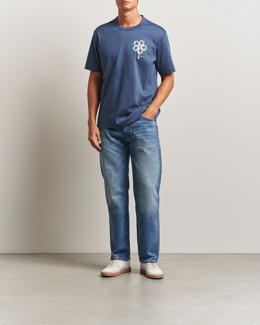 Mies | T-paidat | NN07 | Pedro Mercerized Embroidered T-Shirt Denim Blue