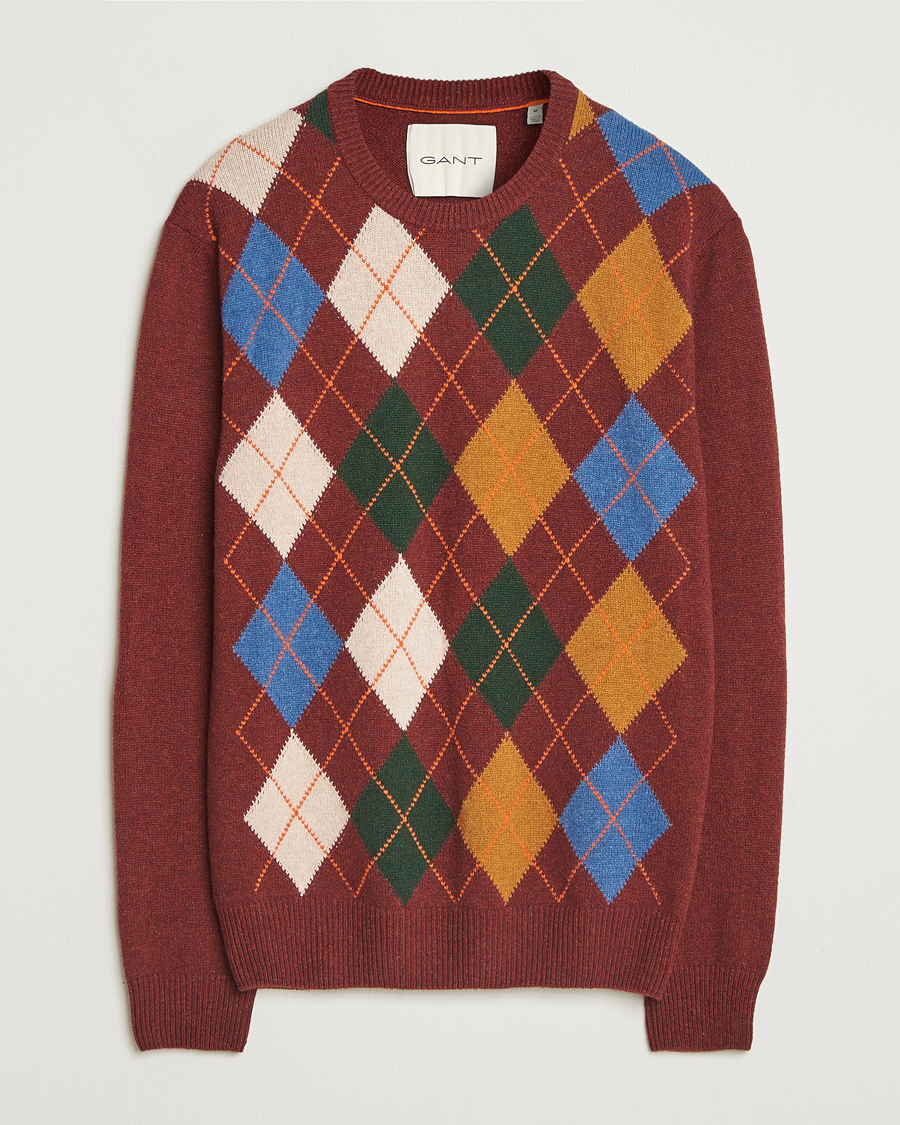 Mies | Puserot | Gant | Lambswool Argyle Knitted Crew Neck Winter Wine
