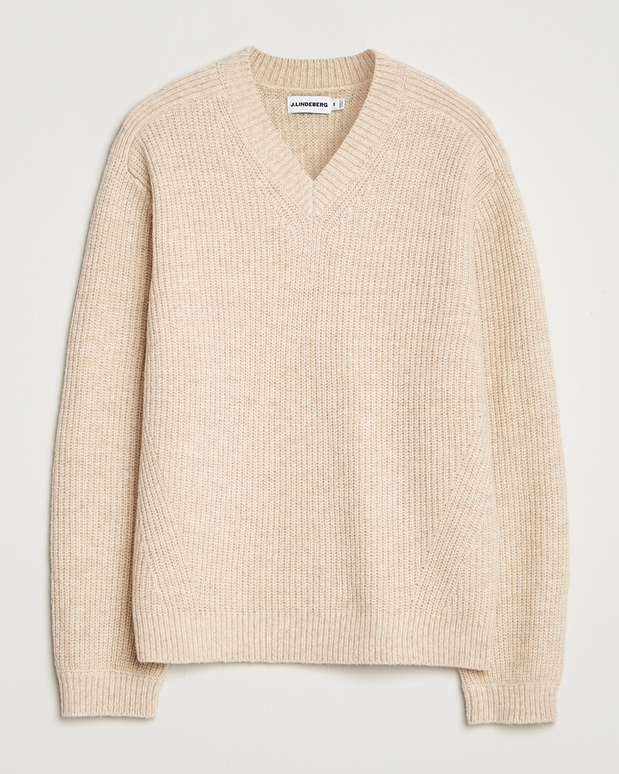 Mies | Puserot | J.Lindeberg | Vitor Wool Heavy Knitted V-Neck Moonbeam Melange